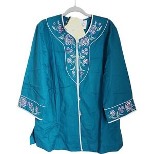 Bob Mackie Wearable Art Jacket Women's L Linen Rayon Floral Embroidery NWT QVC